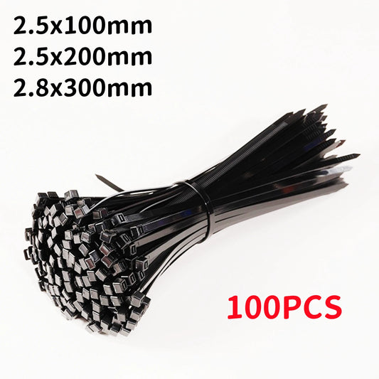 100PCS Self-Locking Nylon Cable Ties – Black Plastic Wire Zip Tie Set for Electric Wire Management (2.5x100, 2.5x200, 2.8x300mm)