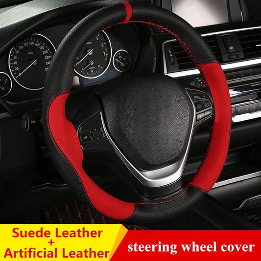 Suede Leather Steering Wheel Cover 15 Inch – Soft Anti-Slip Braid with Needle & Thread Car Interior Accessory