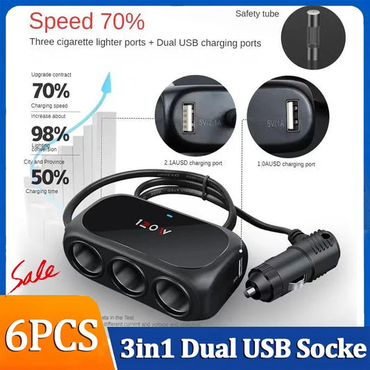 120W 3-in-1 Dual USB Car Charger Cigarette Lighter Socket Splitter 12V/24V Fast Charging Power Adapter Car Accessories