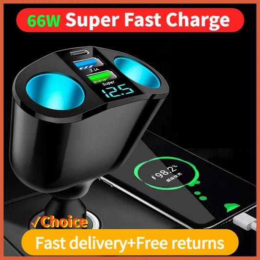 Car Cigarette Lighter Socket Splitter 12V-24V – Blue Ambient Light, PD QC3.0 Fast USB Charger with 2 USB-C Ports for Mobile & DVR