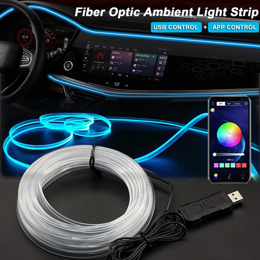 RGB Car Interior LED Light Strip – 2–5M Fiber Optic Ambient Lighting Kit with USB & App Control for Atmosphere Enhancement