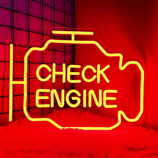Check Engine Neon Sign – LED Wall Light for Garage, Auto Repair Shop, Bar, Man Cave, or Party Decor with USB Power