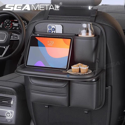 8-in-1 Car Back Seat Organizer with Foldable Tray – Waterproof, Wear-Resistant Storage Bag with Tissue and Cup Holder