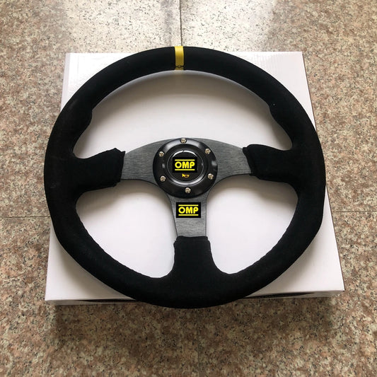 Universal 14” OMP Racing Steering Wheel – Suede Leather Rally Drift JDM Volante for Honda Toyota BMW