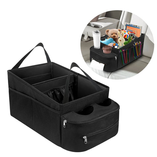 Foldable Car Seat Organizer with Handle – Backseat Storage Bag with 2 Cup Holders, Non-Slip Design for Cars, Trucks, and Vans